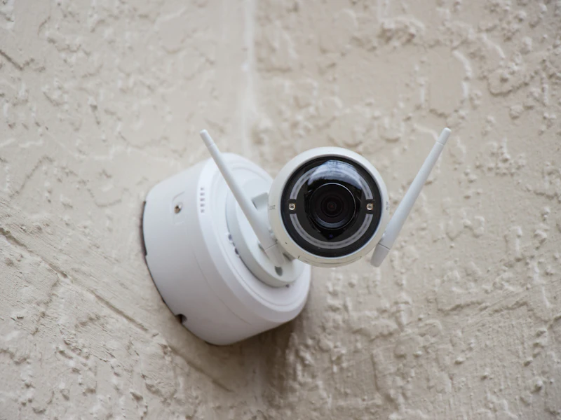 Security camera mounted on a wall