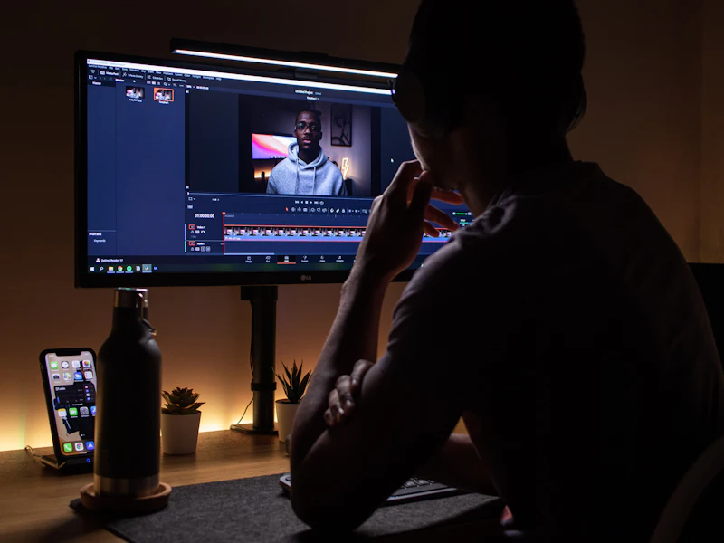 Video editor working on a timeline at his desk